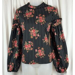 H&M Floral/Stripes Ballon Sleeves Blouse, Black & White Multi, Sz: 10, 65-05